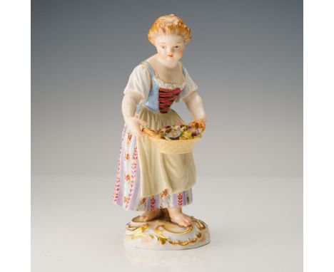 A finely modeled and delicately hand-painted porcelain figurine by Meissen, depicting a barefoot young flower girl in traditi