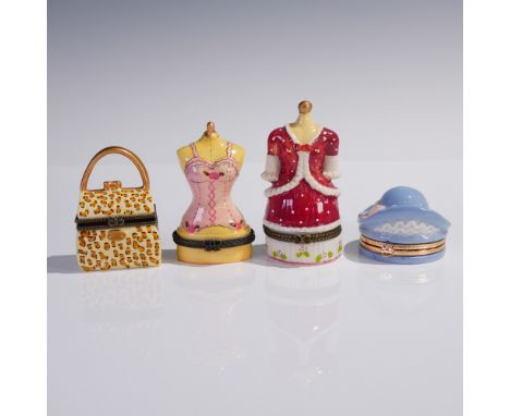 This charming group features four hand-painted ceramic trinket boxes, each fashioned in a playful tribute to vintage fashion.