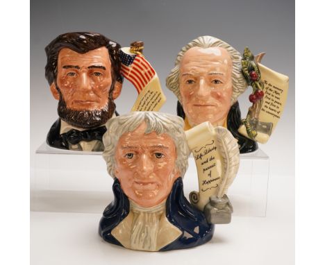 Set of three Royal Doulton large character jugs depicting iconic American presidents. Includes Abraham Lincoln D6936, featuri