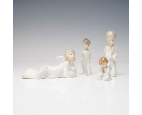 Set of four porcelain angel figurines including two miniature hanging ornaments by Lladro, each with gold loop attachments an
