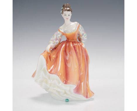 Classic Pretty Ladies collection. Lady in salmon pink dress with mint green ribbon. Royal Doulton backstamp. Artist: Peggy Da