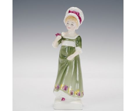 Part of the Kate Greenaway Collection. Young girl in green dress with white bonnet holding a single pink rose. Royal Doulton 