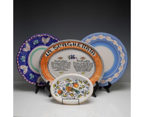 Collection of four colorful hand painted ceramic plates, all marked Made in Italy. The lot includes a mix of round and oval f