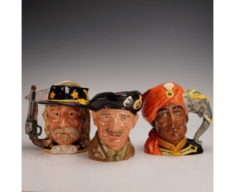 Set of three Royal Doulton character jugs including Monty D6202, The Battle of Little Big Horn D6712, and The Elephant Traine