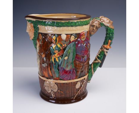 This richly detailed Royal Doulton Shakespeare jug pays tribute to the Bard of Avon through an elaborate relief of vividly co