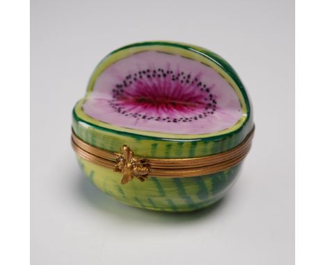 Hand-painted Limoges porcelain trinket box in the form of a watermelon, signed "Peint main Limoges France" inside. Accented w