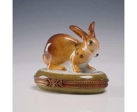 Adorable hand-painted Limoges porcelain trinket box featuring a crouched rabbit with expressive detailing and warm brown glaz