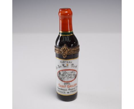 Hand-painted Limoges porcelain trinket box in the form of a wine bottle labeled 1972 Saint Emilion Bordeaux Grand Cru. Marked