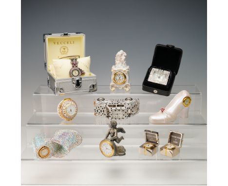Assorted group of 10 miniature novelty clocks and watch including brands Vecceli, Bonetto, Seth Thomas, and Franklin Mint. Th