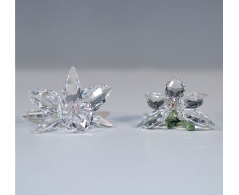 Exquisite Swarovski crystal figurine set featuring a delicate orchid with pink center (3") and orchid flower with green stem 