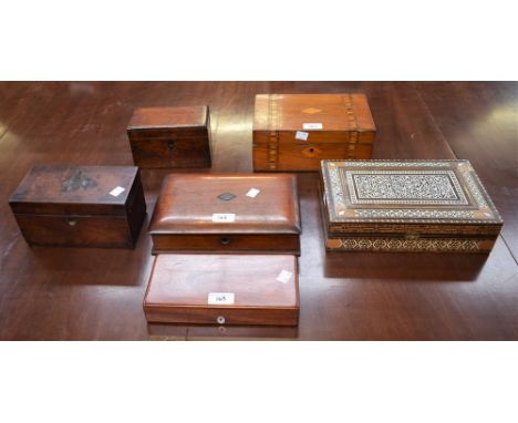 A 19th century mahogany tea caddy; another, oak; a parquetry work box; a mahogany artist's box; a Middle Eastern inlaid box; 