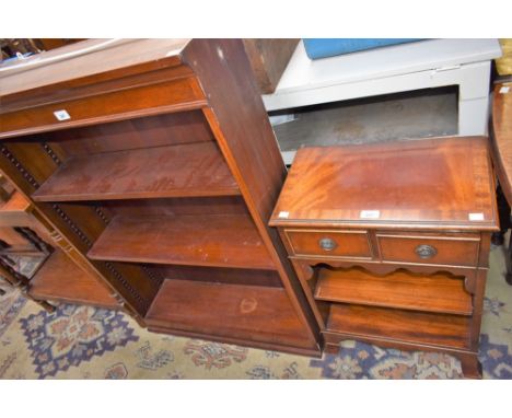 A mahogany bookcase, rectangular top above two adjustable shelves; a similar side cabinet, rectangular top above a pair of fr