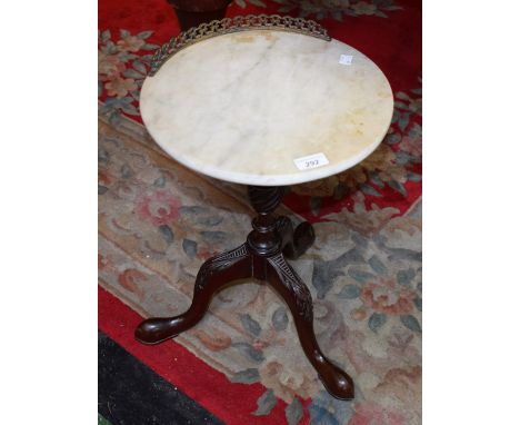 A late 19th century tripod wine table, part galleried marble top, 52cm high