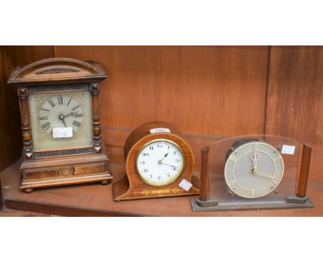 A mahogany inlaid mantel clock, converted to battery; another, Art Deco Temco 50 mantel clock; Victorian walnut mantel clock,