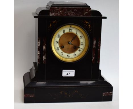 A 19th century marble and belge noir mantel clock, retailed by Swinden &amp; Sons, Paris, the circular dial with Arabic numer