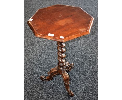 A Victorian mahogany wine/occasional table, octagonal top, spirally turned column, triform base, scroll feet, 74cm high Condi