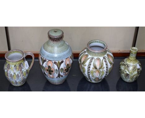 A Denby Glyn Colledge Glynbourne ovoid table lamp base, 31cm, printed mark; similar ovoid vase, bottle vase and single handle