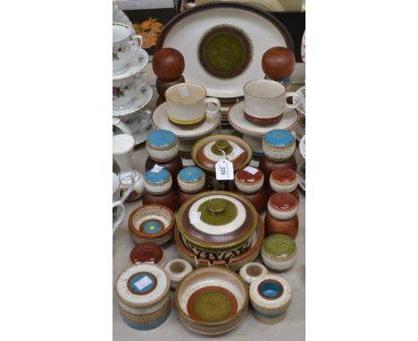 A Denby Potter's Wheel pattern storage jar and cover, 'Smor', another 'Sill', treen mounted Stona and Teak pattern salt and p