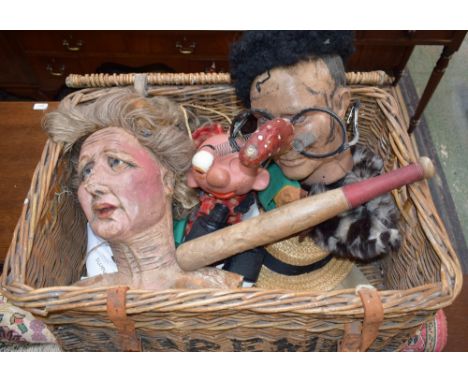 Stage Props - The Private World of Spike Milligan, rubber heads, Aunt Sally (Margaret Thatcher), Chalkie, puppet, truncheon, 