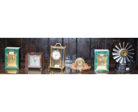 Clocks - a retro fan clock with bakelite base, a 1930's Sterling mantel clock, quart carriage clocks, etc
