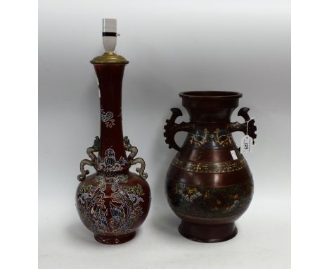 A Japanese champlevé enamel baluster vase; an Oriental ceramic lamp (2) Condition Report: Please see additional images for ex
