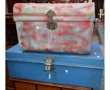 A large metal trunk, later painted in blue, 93.5cm long; another, Bates &amp; Son's metal steamer trunk, later painted (2)