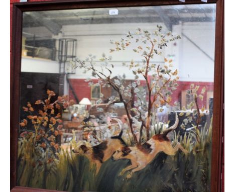 A rectangular looking glass, the mirror plate painted with gun dogs, 82cm x 92cm 