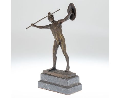 Bronzebildner um 1900- Antiker Speerwerfer mit Helm und Schild - Bronze. Braun patiniert. Grauer Marmorsockel. H. o./m. Socke