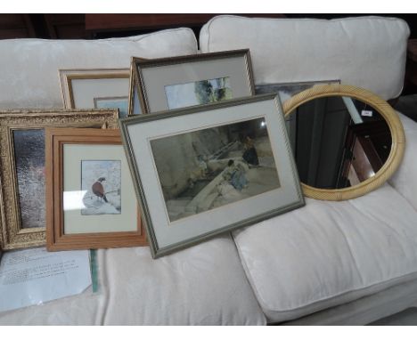 A selection of pictures and mirror , including Russell Flint print