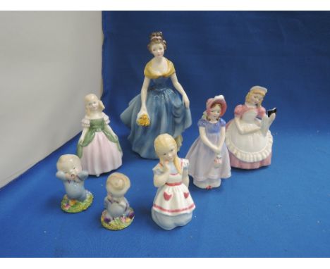 Four Royal Doulton figurines, Melanie HN2271, Ivy HN1768, Cookie HN2218 & Penny HN2338, Two Wade baby figures and a Royal Wor