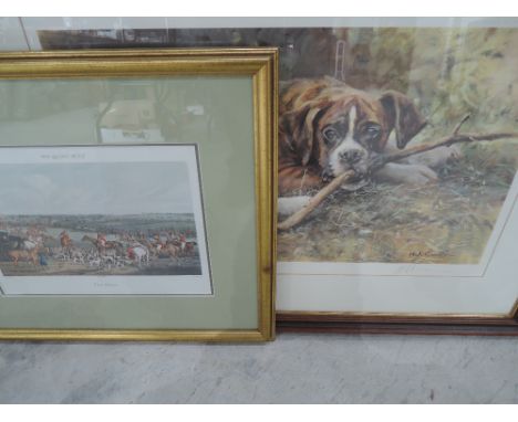 A reproduction print depicting Quorn Hunt 'The Meet' and A Mick Cawston print Boxer Dog, Signed.