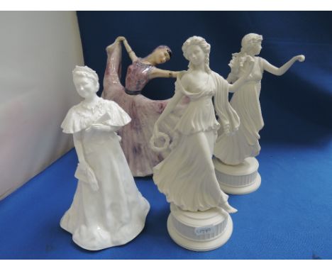 A Royal Worcester figurine, The Queen Mother, Two Wedgwood figurines from the dancing hours collection and a Kevin Francis fi