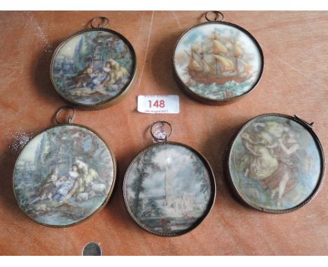 Five ceramic pictures in copper mounts