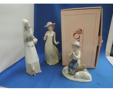 A Lladro figurine, Girl with bread basket and dog, Two Nao figures, Girl with flower, boxed and Boy with lambs 