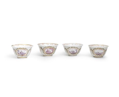 Four Meissen Hausmaler teabowls, the porcelain circa 1730, probably decorated in Bayreuth, circa 1740Each painted with an ova