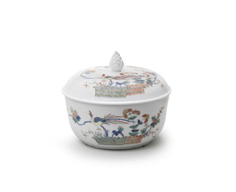 A Meissen circular tureen and cover, circa 1730Painted in Kakiemon style with a long-tailed bird perched on flowering chrysan
