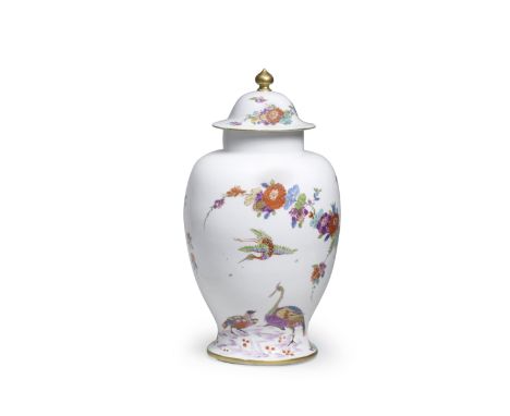 A Meissen Augustus Rex vase and cover, circa 1730Painted in enamels heightened with gilding with, on one side, a crane standi