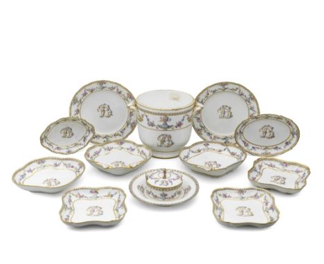 A group of later-decorated Sèvres porcelain of Du Barry service-type, the porcelain early 1770sPainted with a gilt and floral