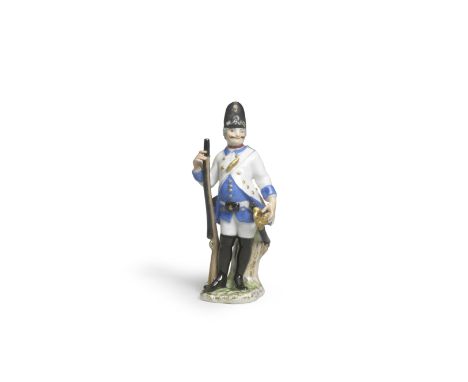 A Meissen figure of a dragoon from Count Brühl's regiment, circa 1750Modelled by Peter Reinicke and Johann Joachim Kaendler, 