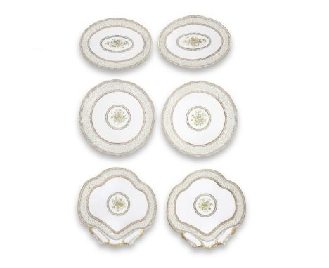 Six Sèvres hard-paste porcelain dishes (compotier coquilles, compotier ronds and compotier ovale), circa 1785The wells decora
