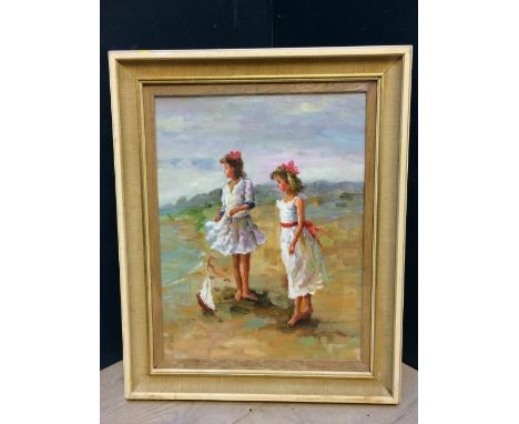 Oil painting, portrait of two girls on a sandy beach with model sailboat, 41x31.5cm
