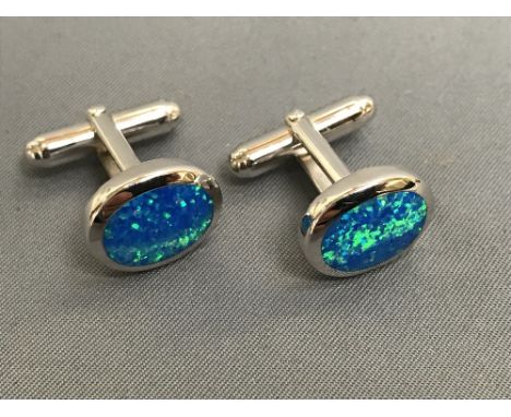 Pair of silver and blue opalite cufflinks