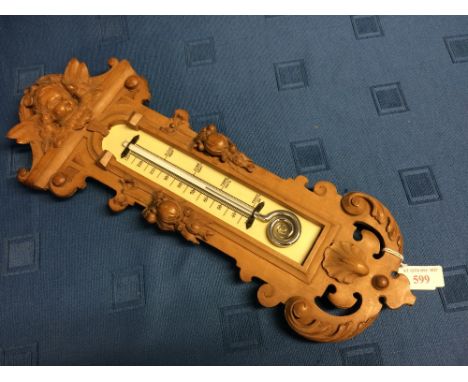 Small carved wood framed wall thermometer, 39cmH