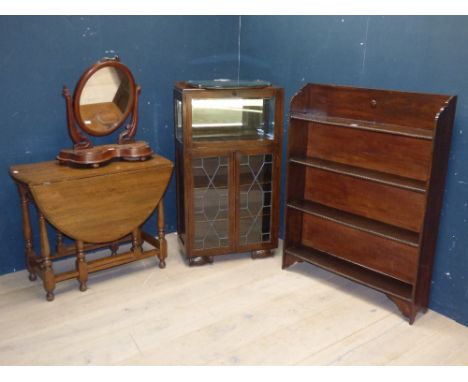 Oak gate leg table, Edwardian glazed fronted bookcase, oak free standing book shelves & Victorian dressing table mirror