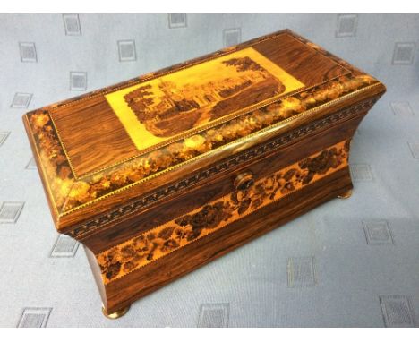 Fine quality Tunbridge ware rosewood tea caddy, the rising lid enclosing a bowl flanked by a pair of lidded caddies. The scen