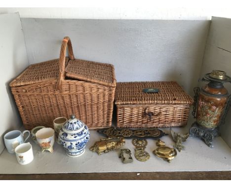 Qty of china, brasswares & picnic baskets (1 labelled Land Rover) incl. Clarice Cliff, musical vase, oil lamp & commemorative