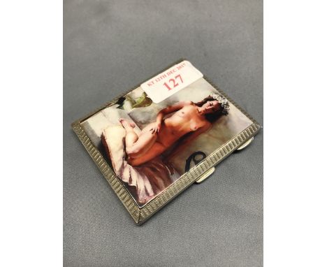 Hallmarked silver cigarette case, decorated with Nude Lady posing, 3 ozt