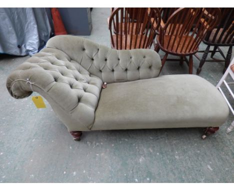 Victorian button back chaise longue on turned mahogany legs to brass castors 60x160cm