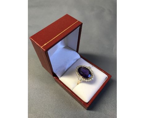 9 carat yellow gold, large amethyst and diamond cluster ring