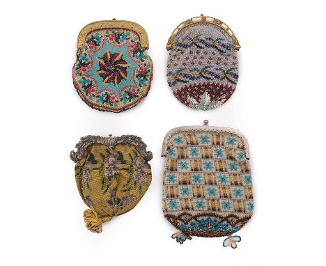 Four Good Small 19th Century Coin Purses with metal frames and differing designs, to include a pale yellow example worked wit